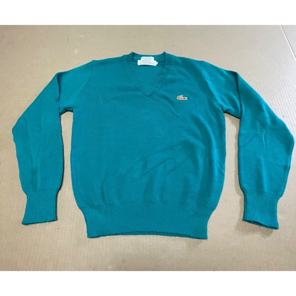 Vintage 70's Izod Lacoste Acrylic V-Neck‎ Sweater Teal Green Croc Hong Kong 16